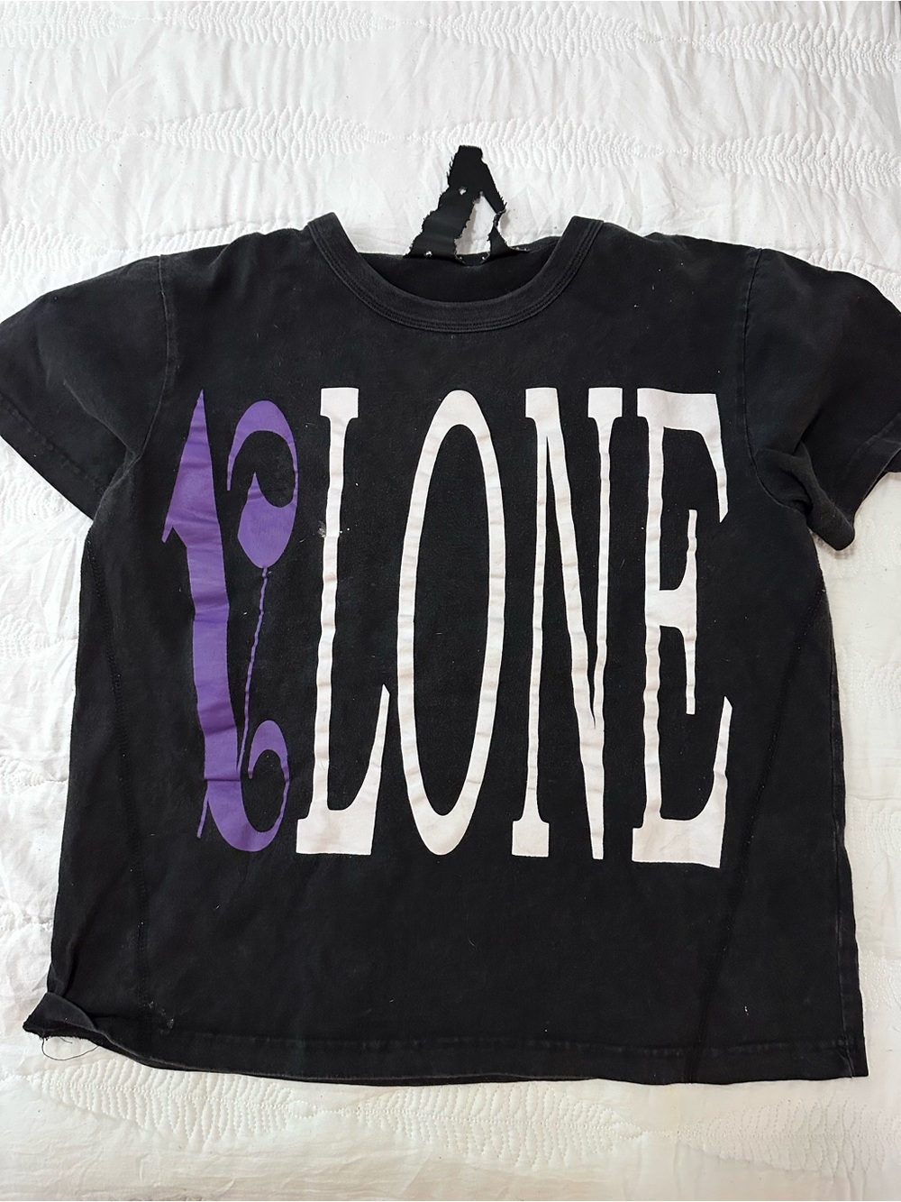 VLONE Black Short-Sleeve Tee with White 'ALONE' Print and Purple Accent